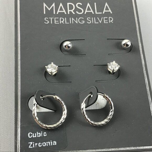 MARSALA Sterling Silver Earrings Set of 3 with Cubic Zirconias - Picture 3 of 4